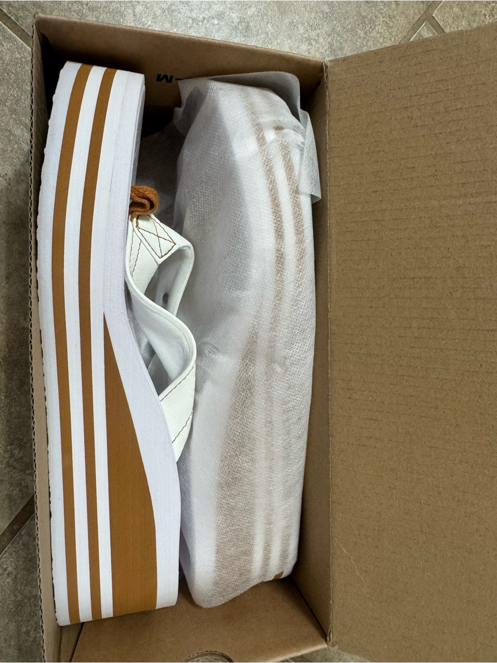 White Platform Slide Sandals with Tan Striped Sole